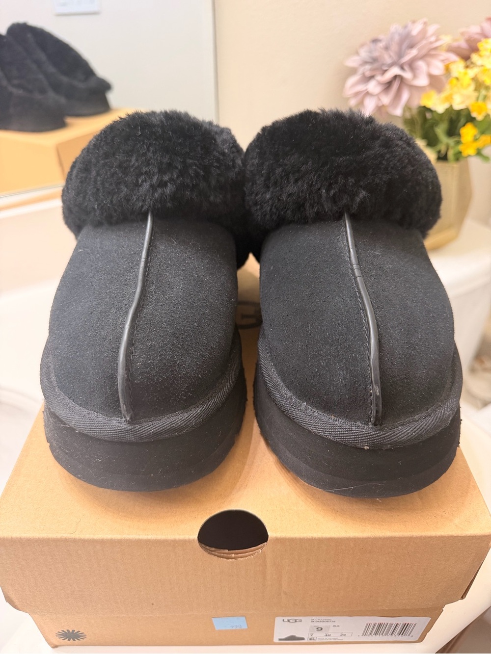 Authentic UGG Black Plush Shearling Clog Slides